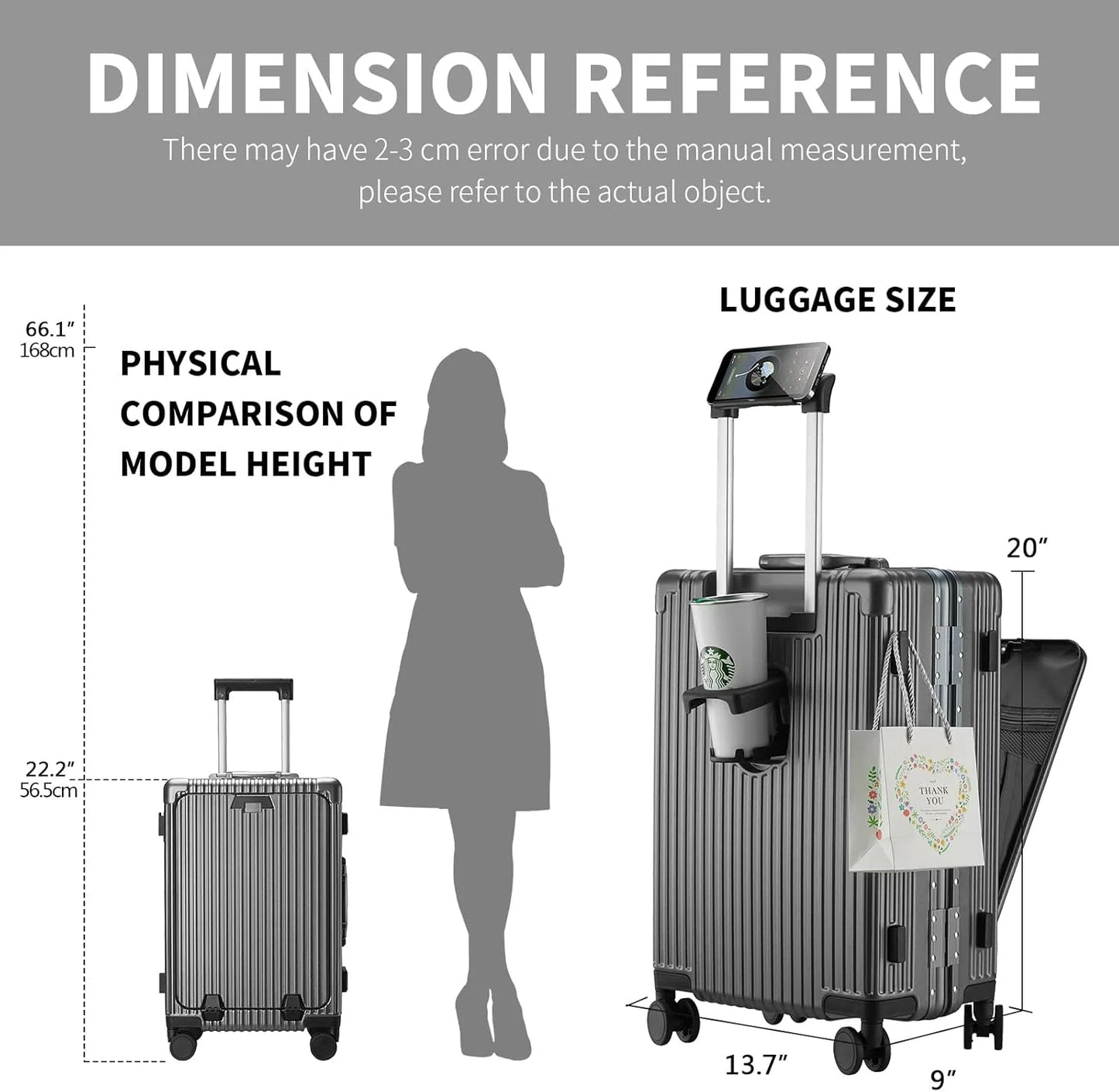Carry-On Luggage with USB Charging Port, Front Compartment, TSA Lock, Airline Approved Carry On Hardside Suitcase with Spinner Wheels (Grey, 20inch)