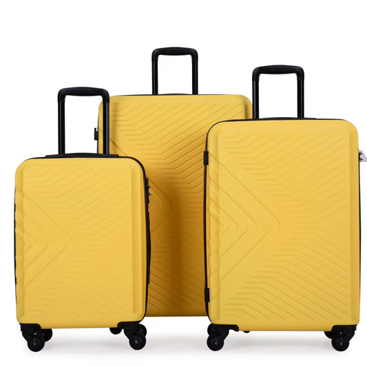 3 Piece Luggage Sets, ABS Lightweight Suitcase(20/24/28), Carry on Hard-Shell Luggage with 2 Hooks, Telescopic Handle, Spinner Wheels and TSA Lock, Yellow