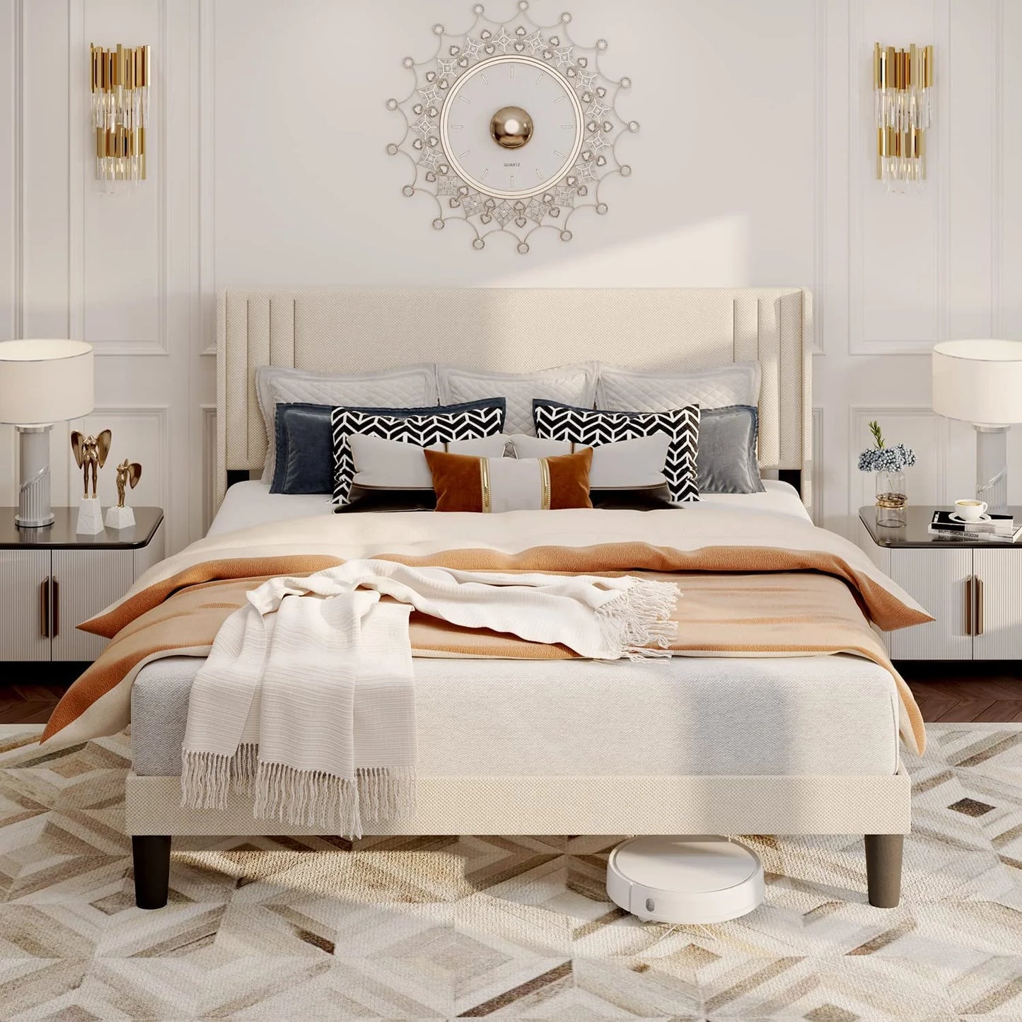 Bedroom Furniture Set - Includes Queen Bed Frame, Nightstands Set of 2, 5-Drawer Dresser & Vanity Desk - Modern Storage Solution for Stylish Home Decor, Beige/White