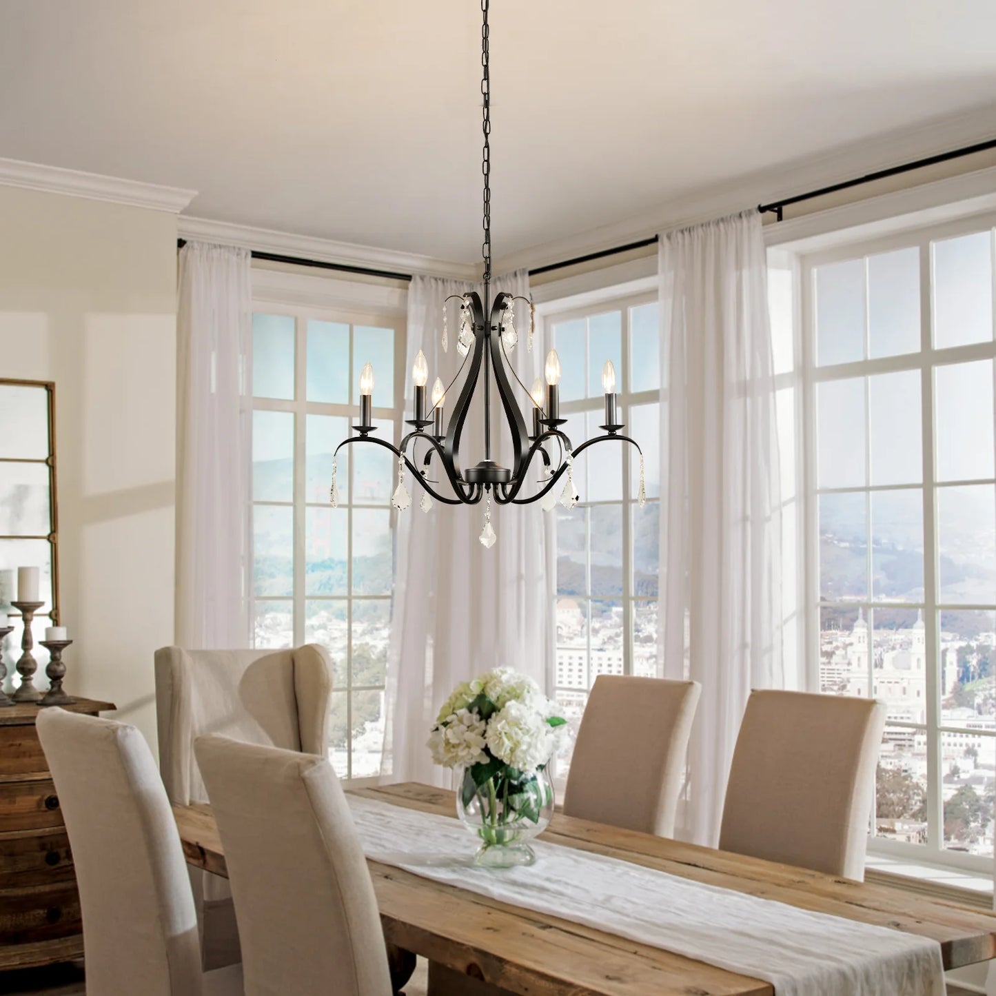 Magic Home 6-Light Modern Farmhouse Chandelier,Classic Candle Ceiling Pendant Light Fixture,Black