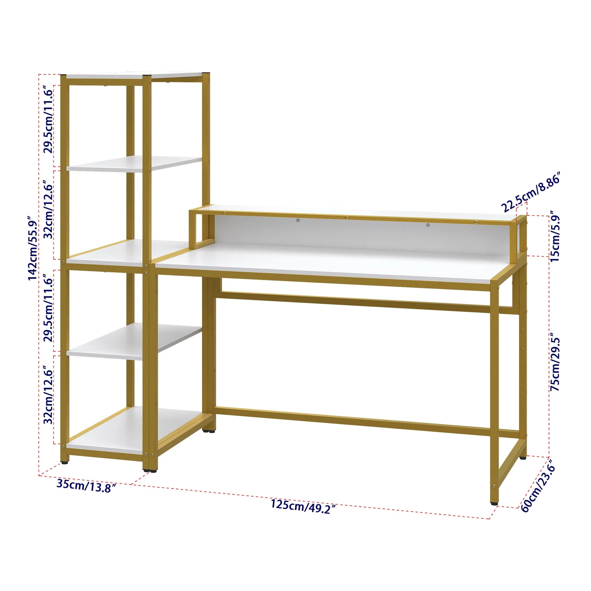 Yoneston 47" Office Computer Desk with 5 Tier Storage Shelves, Reversible Writing Desk Workstation with DIY Bookshelf and Tower Shelf for Home Office Corner Desk, White