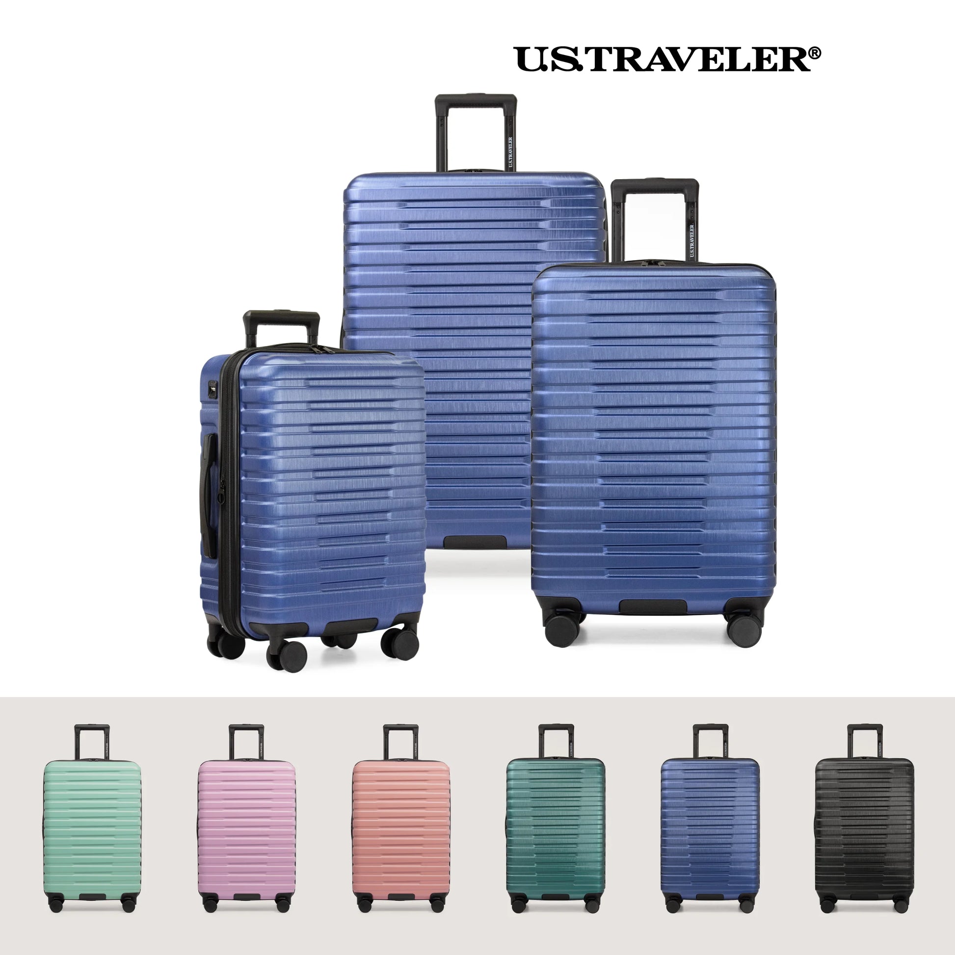 U.S. Traveler Boren Hardside Rugged Spinner Luggage Set w/USB Port, Navy, 3-Piece (22/26/30)