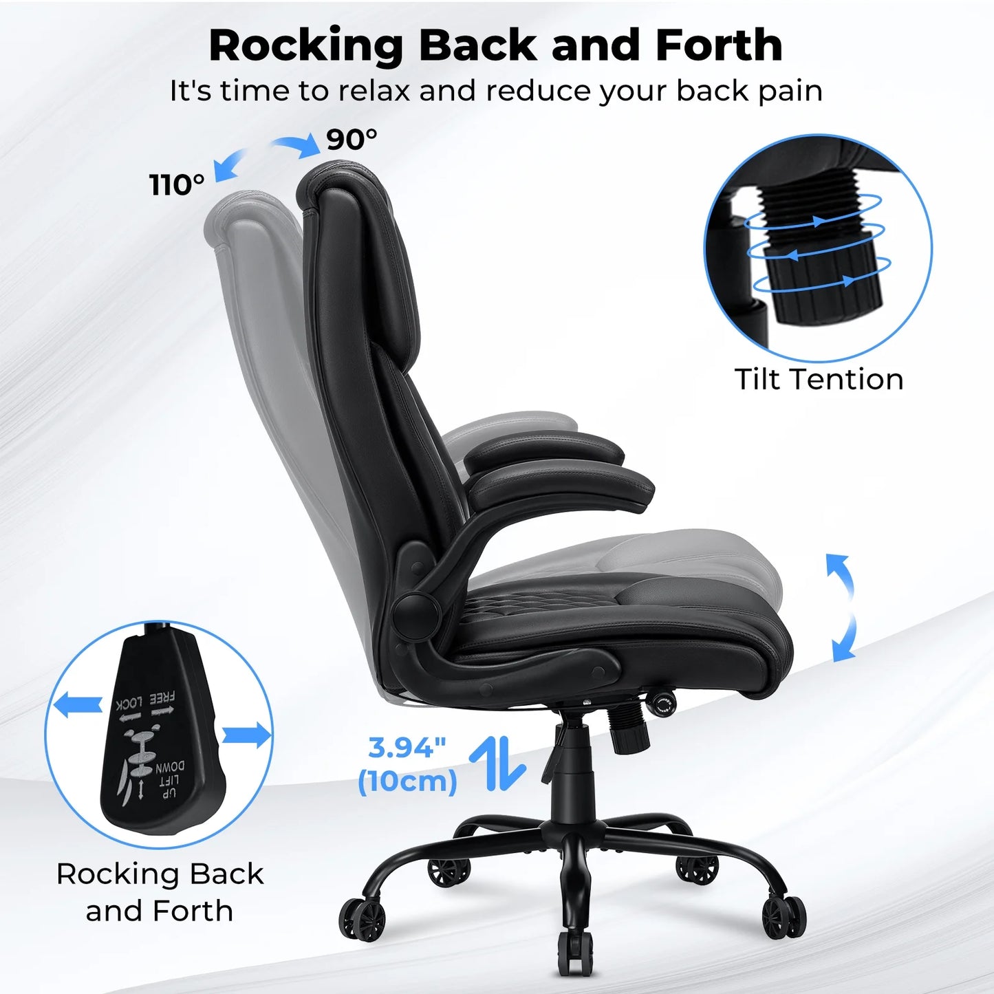 Hoffree Big and Tall Office Chair, 500lbs Executive Desk Chair with Adjustable Lumbar Support Ergonomic Computer Leather Chair with Padded Flip-up Arms for Home Office