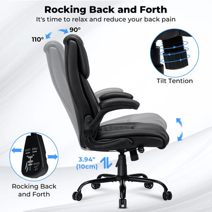Hoffree Big and Tall Office Chair, 500lbs Executive Desk Chair with Adjustable Lumbar Support Ergonomic Computer Leather Chair with Padded Flip-up Arms for Home Office