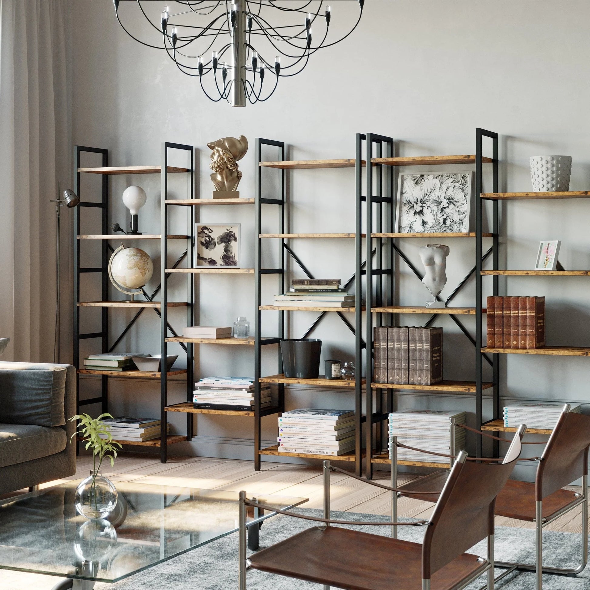 IRONCK Triple Wide 5 Tiers Industrial Bookcases and Bookshelves, Large Open Display Shelves with Metal Frame for Living Room Bedroom Home Office, Vintage Brown