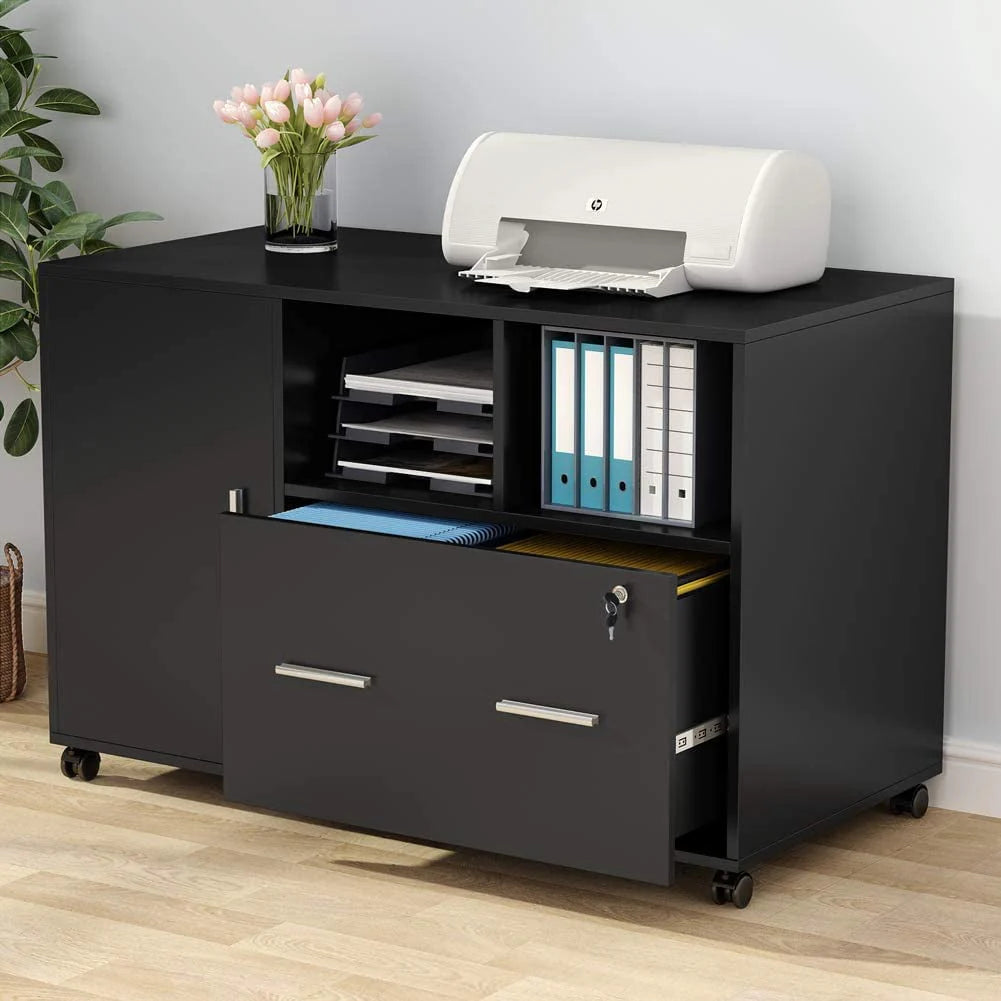 Tribesigns File Cabinet with Lock and Drawer, Mobile Lateral Filing Cabinet Printer Stand with Wheels and Storage Shelves for Home Office, Letter/Legal/A4 Size(Black)