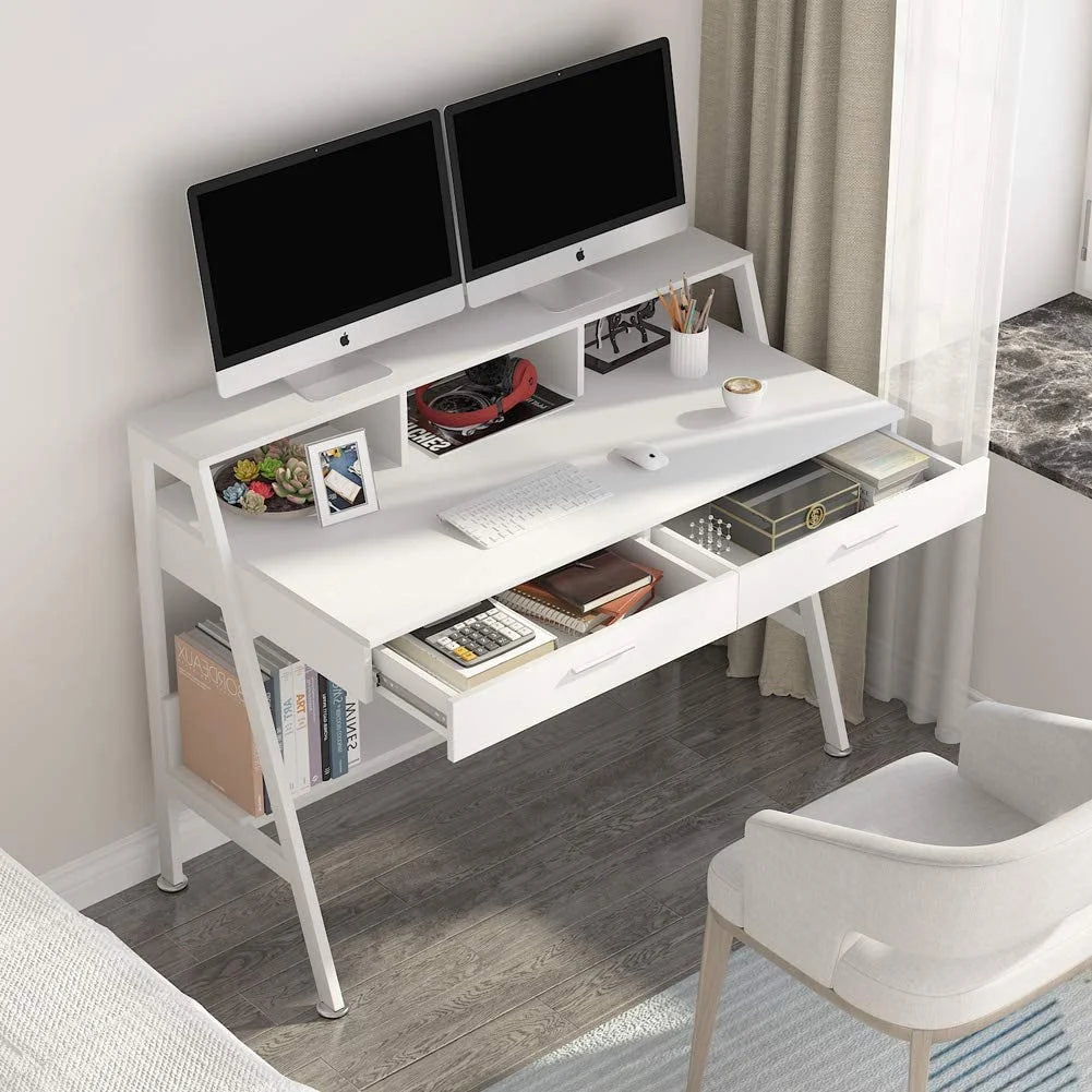 Tribesigns 47 inch Computer Desk, Modern Office Writing Desk with Storage Shelf & Drawers for Home Office, White