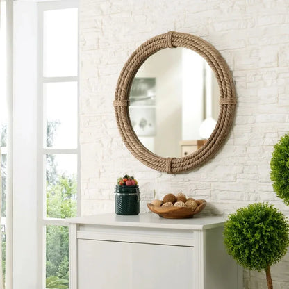 Round Jute Wall Mirror Decorative Wall Mounted Nautical Themed Rustic Rope Mirror with Hanging Loop, Handcrafted Vintage Nautical Design, Brown (18 Inch)