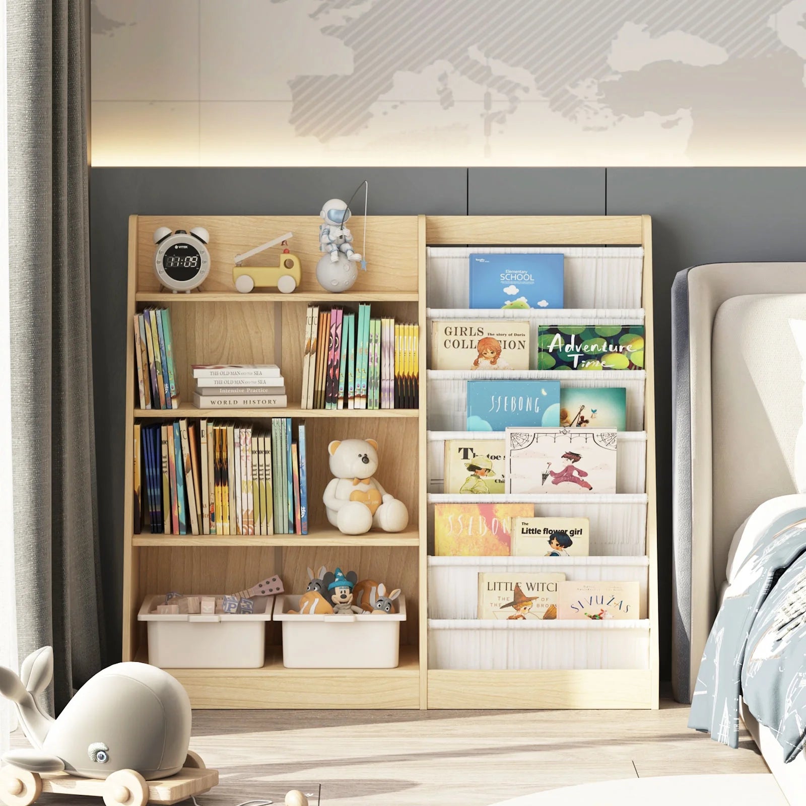 Hironpal Large 6 Layer Sling Kids Bookshelf, 4 Tier Wooden Children Toy Organizer Cabinet for Playroom Nursery Classroom Library