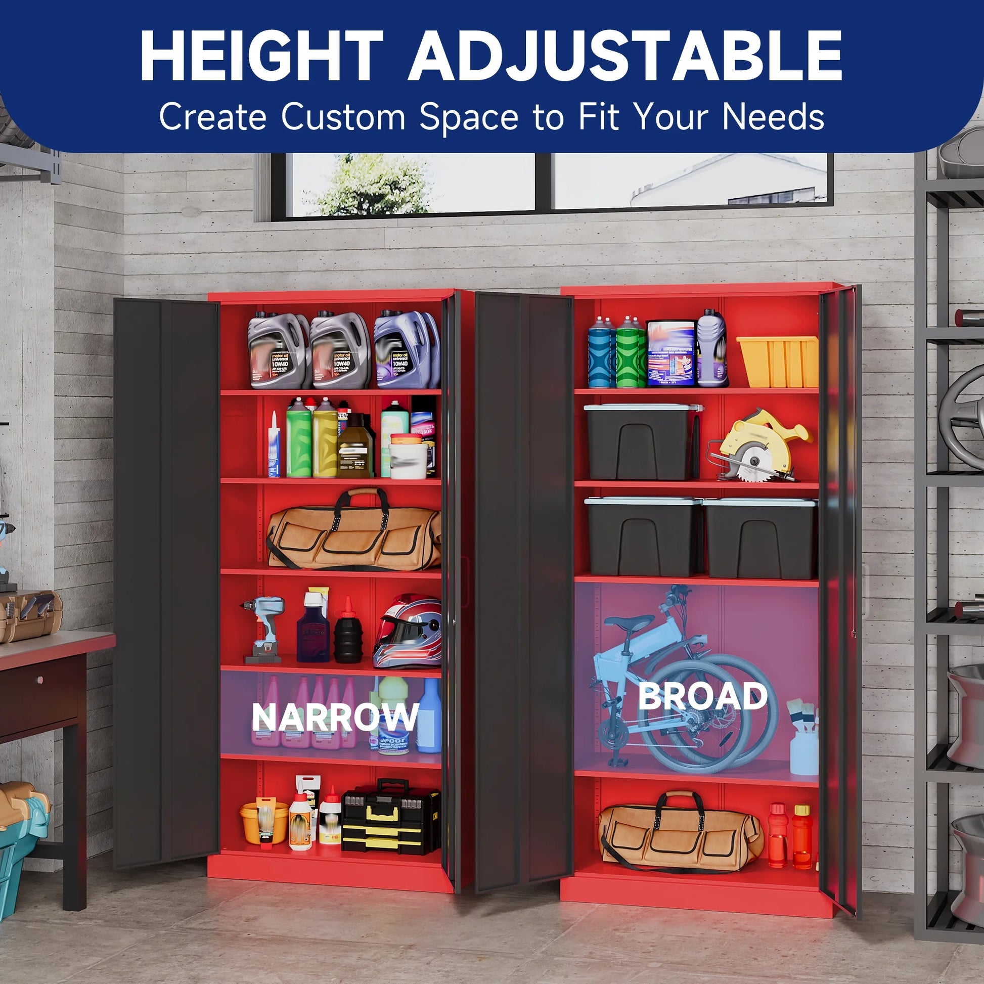 AUHUP 71" Metal Cabinet with 5 Adjustable Shelves, Garage Storage Cabinets with Locking Doors,Tool Storage Cabinet for Home Office,Warehouse,Workshop(Red Black)