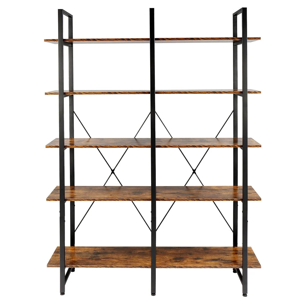 Ktaxon 5-Tier Open Bookcase, Wood and Metal Etagere Bookshelves Display Storage Rack for Home Office Decor, Vintage Brown