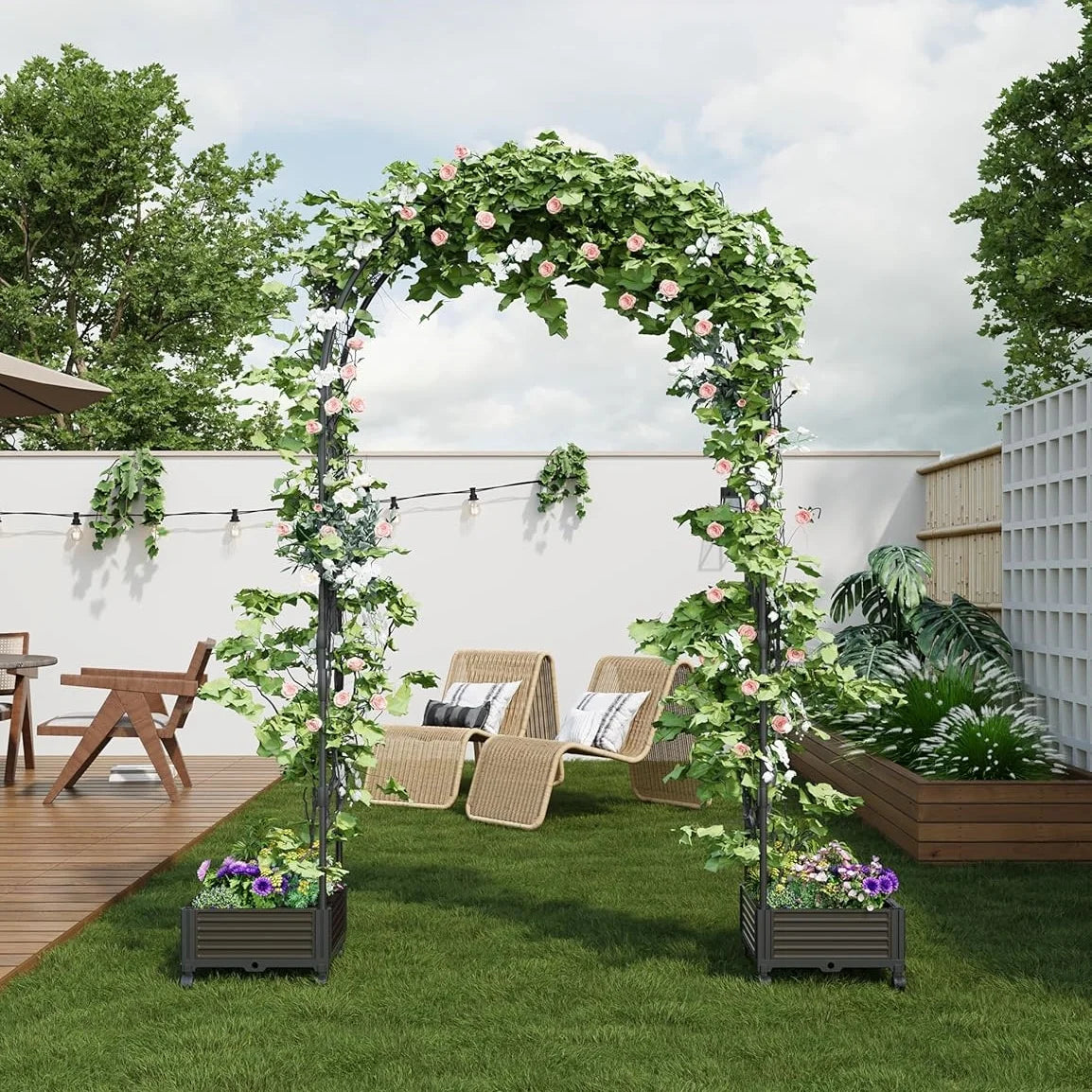 Garvee Metal Garden Arch Trellis for Climbing Plants, 2 Raised Planter Box, 78.73*15.74*94.5", Black