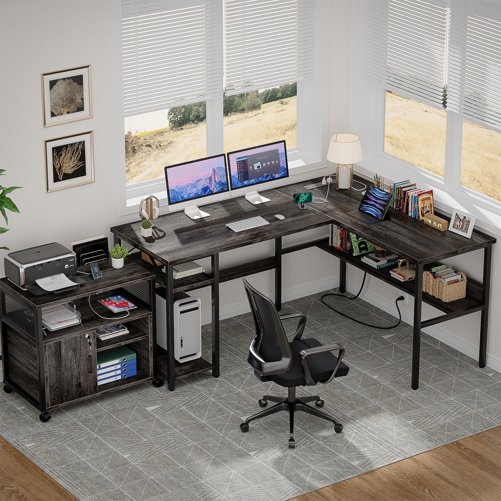 Homieasy Reversible L Shaped Desk with Magic Power Outlets and USB Charging Ports, Sturdy Corner Computer Desk with Storage Shelves, Gaming Table Home Office Desk, Easy to Assemble, Black Oak