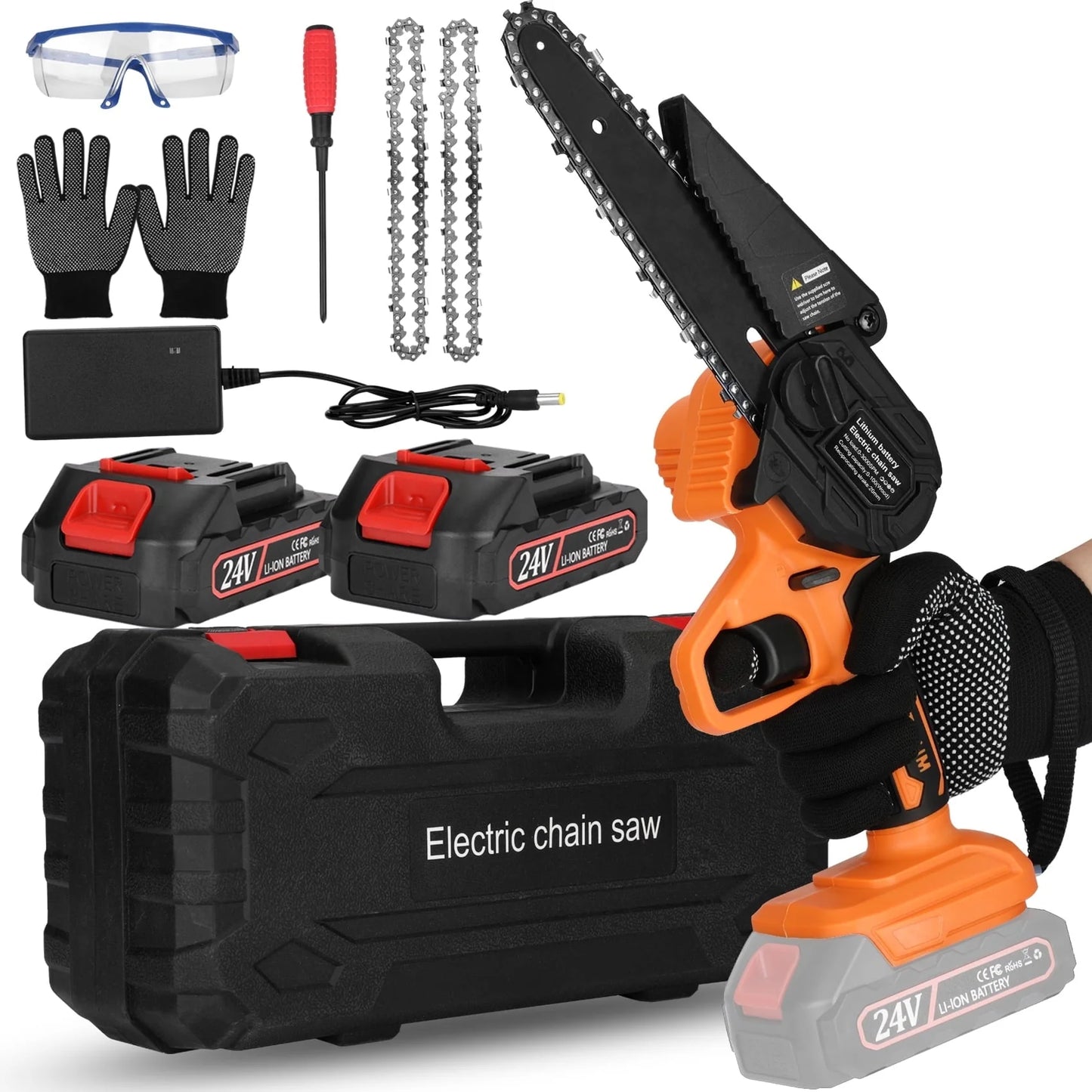 Monkemon 6" Mini Chainsaw, Battery Powered Chain Saws 6-inch, Rechargeable, Electric Mini Chainsaw with 2 Batteries 2 Chains for Pruning Trees Wood Cutting Logging