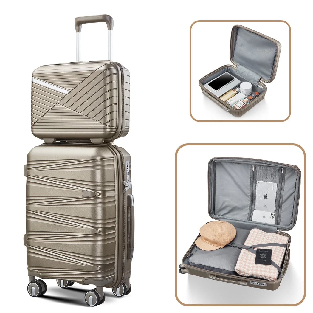 4 Piece Luggage Set, 14"/20''/24/''28'' Expandable Lightweight Suitcase with Noise-free Double Spinner Wheels & TSA Lock, Polypropylene Hardshell Storage Case for Travel Vacation, Champagne