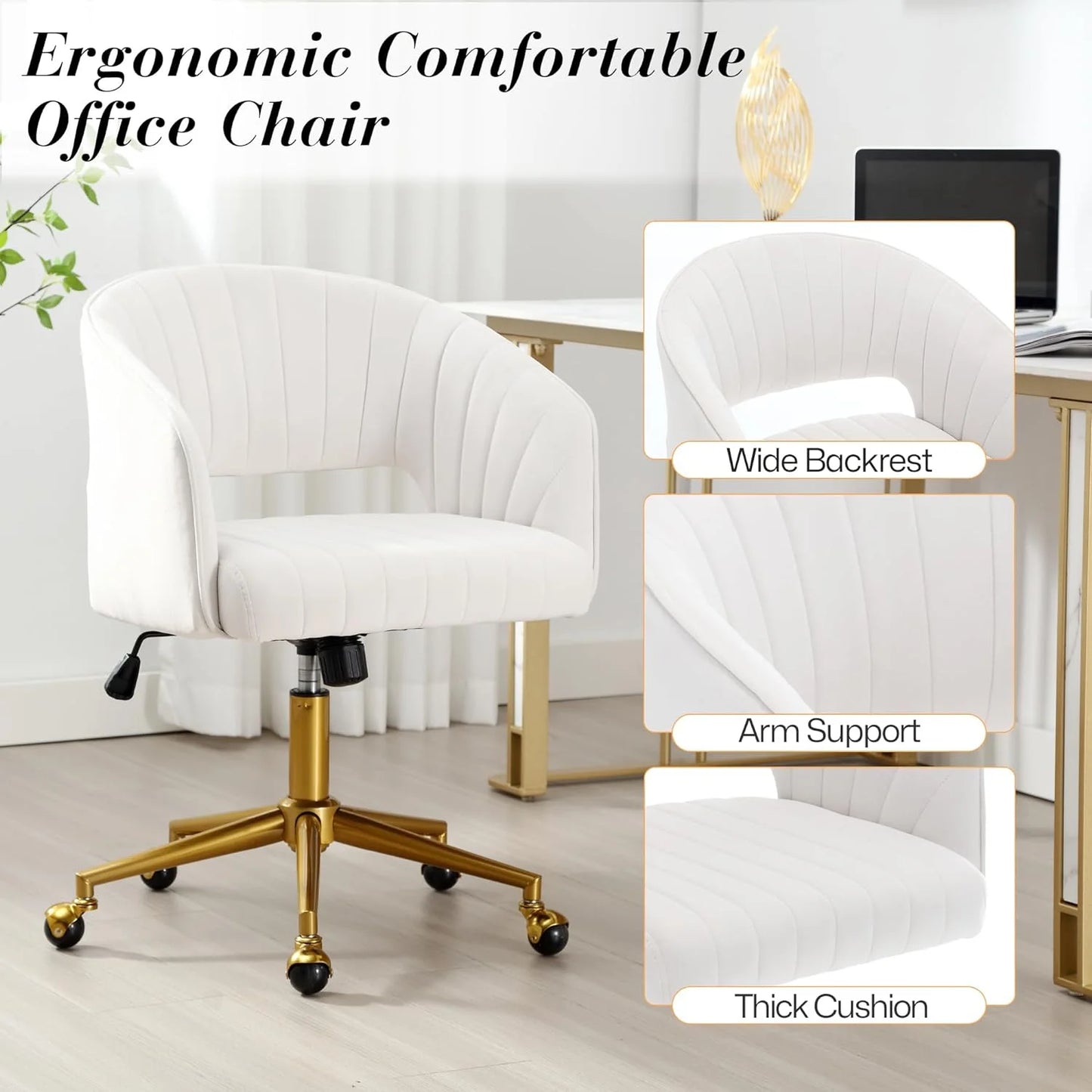 Home Office Swivel Desk Chair, Modern Velvet Vanity Chair, Height Adjustable Armchair with Gold Base, Ergonomic Office Chair for Task Study Computer Room, Beige