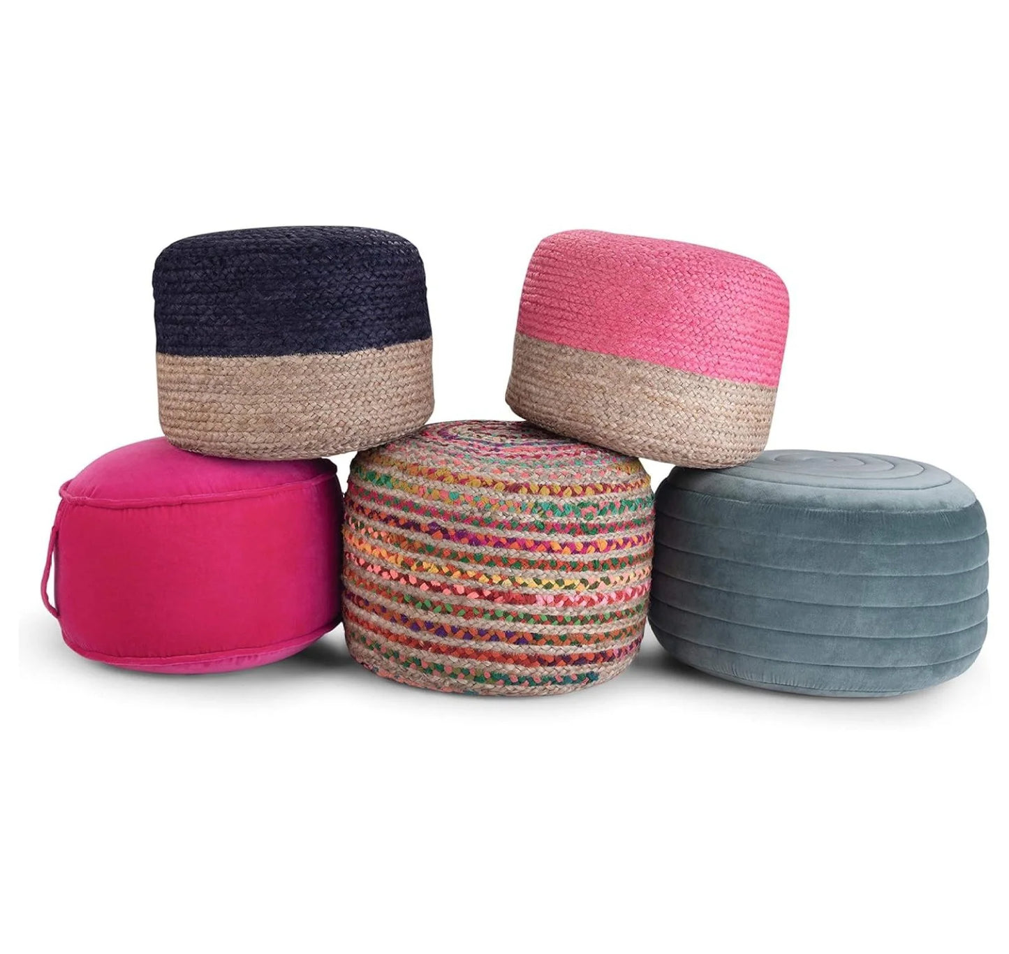 Exlonjet Margo 20 Inch Boho Round Pouf in Multi Color Braided Jute, For the Living Room, Bedroom and