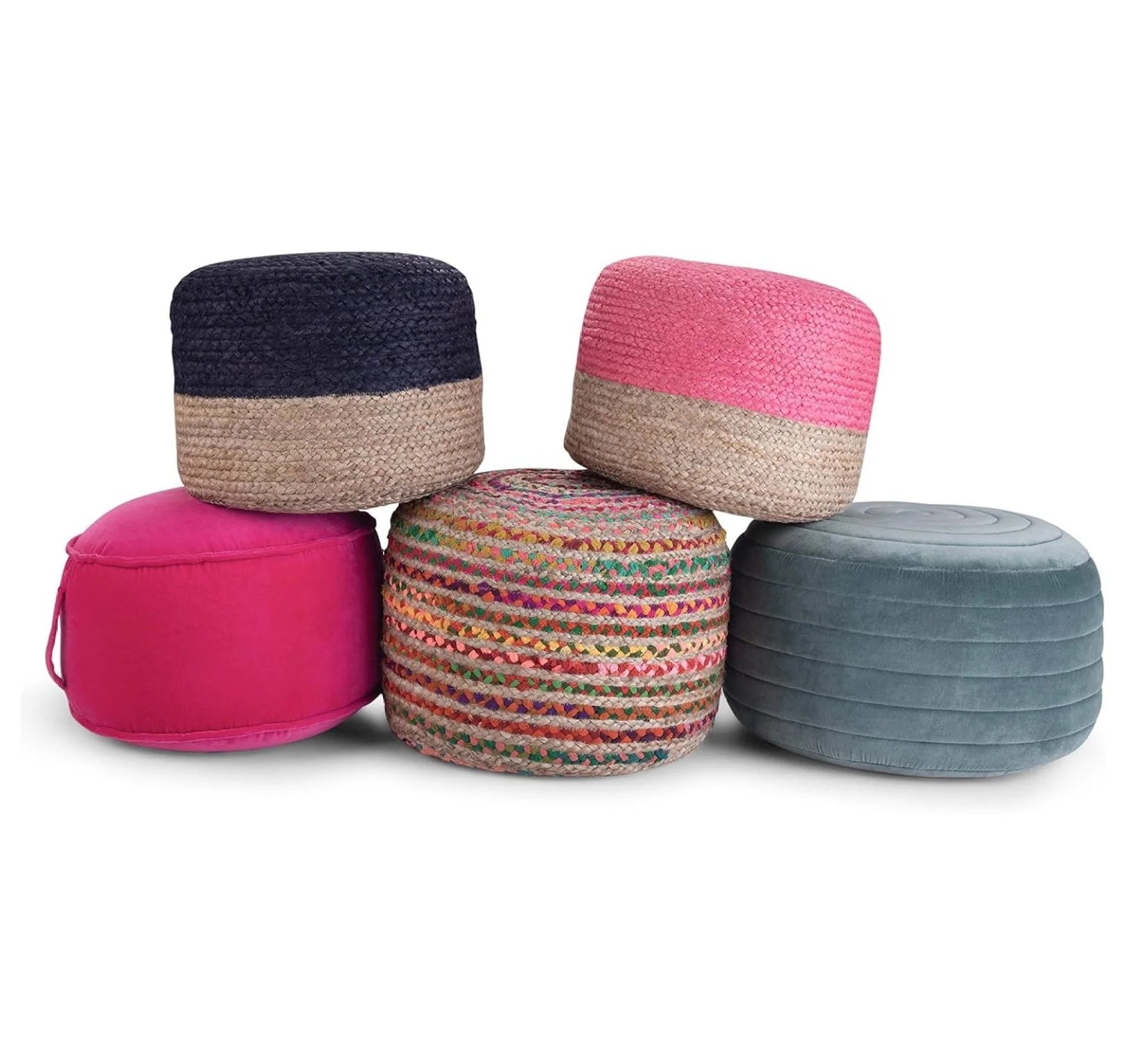 Exlonjet Margo 20 Inch Boho Round Pouf in Multi Color Braided Jute, For the Living Room, Bedroom and