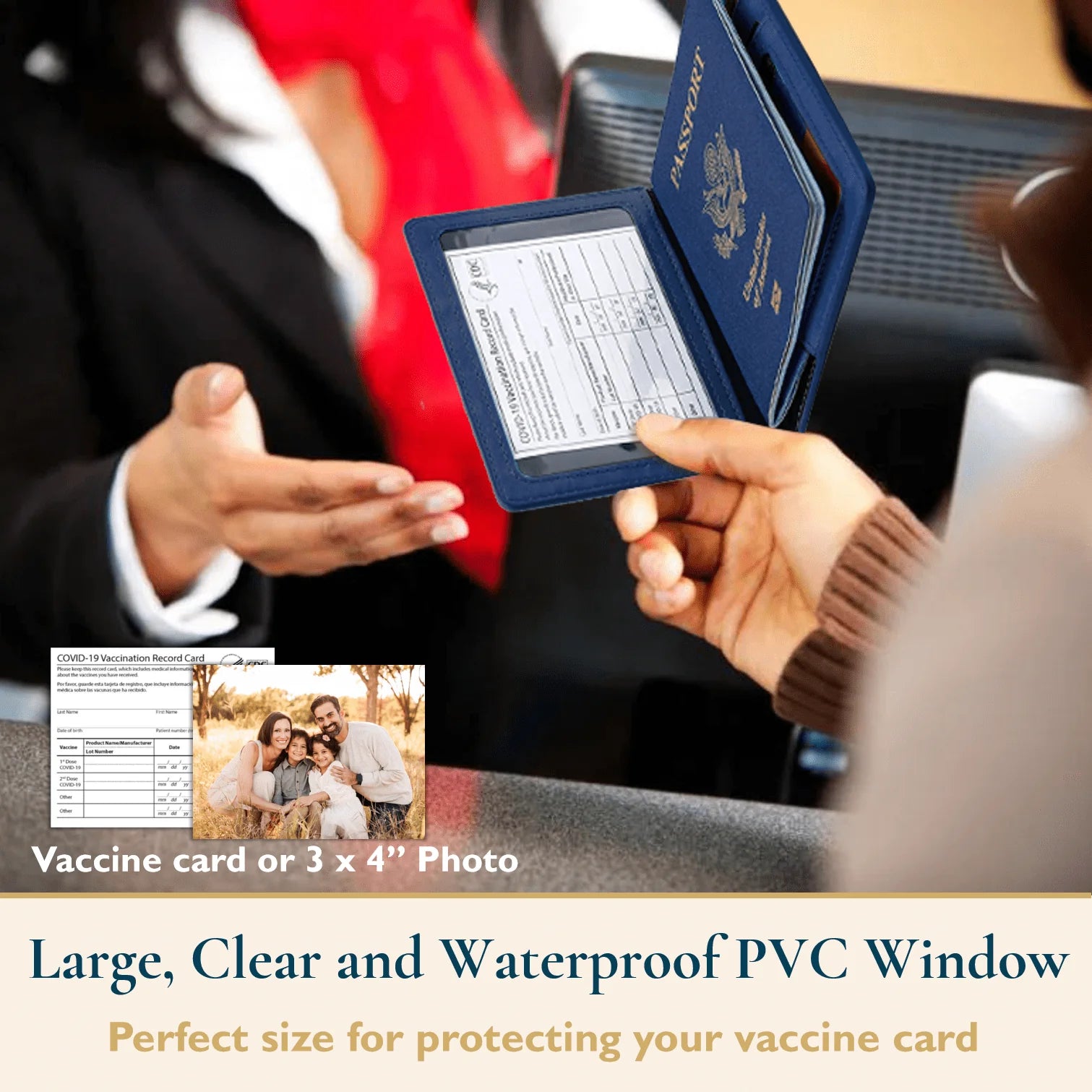 ComfiTime Passport Holder Slim Passport Wallet with Vaccine Card Holder and Credit Card Slots, 2 Bonus Travel Luggage Tags, Waterproof PU Leather Passport Cover/Case, Navy Blue