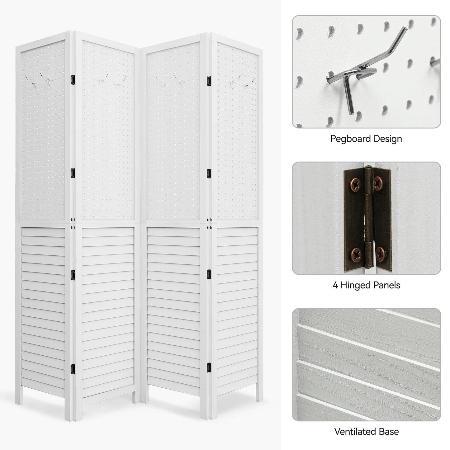 Dextrus Room Divider, 4 Panel Folding Privacy Screens with Pegboard Display, Freestanding Portable Privacy Screen Room Partition for Jewelry, Craft Show, Retail, Living Room, Bedroom
