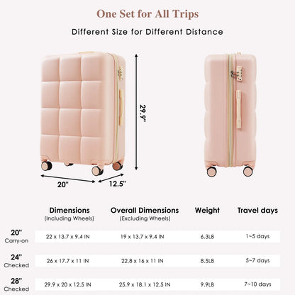 3 Piece Luggage Set , 20/24/28 inches Suitcase Set , ABS Hardshell Expandable Luggage Sets with TSA Lock,20-inch with USB Port, Carry On Luggage for Men Women, Pink