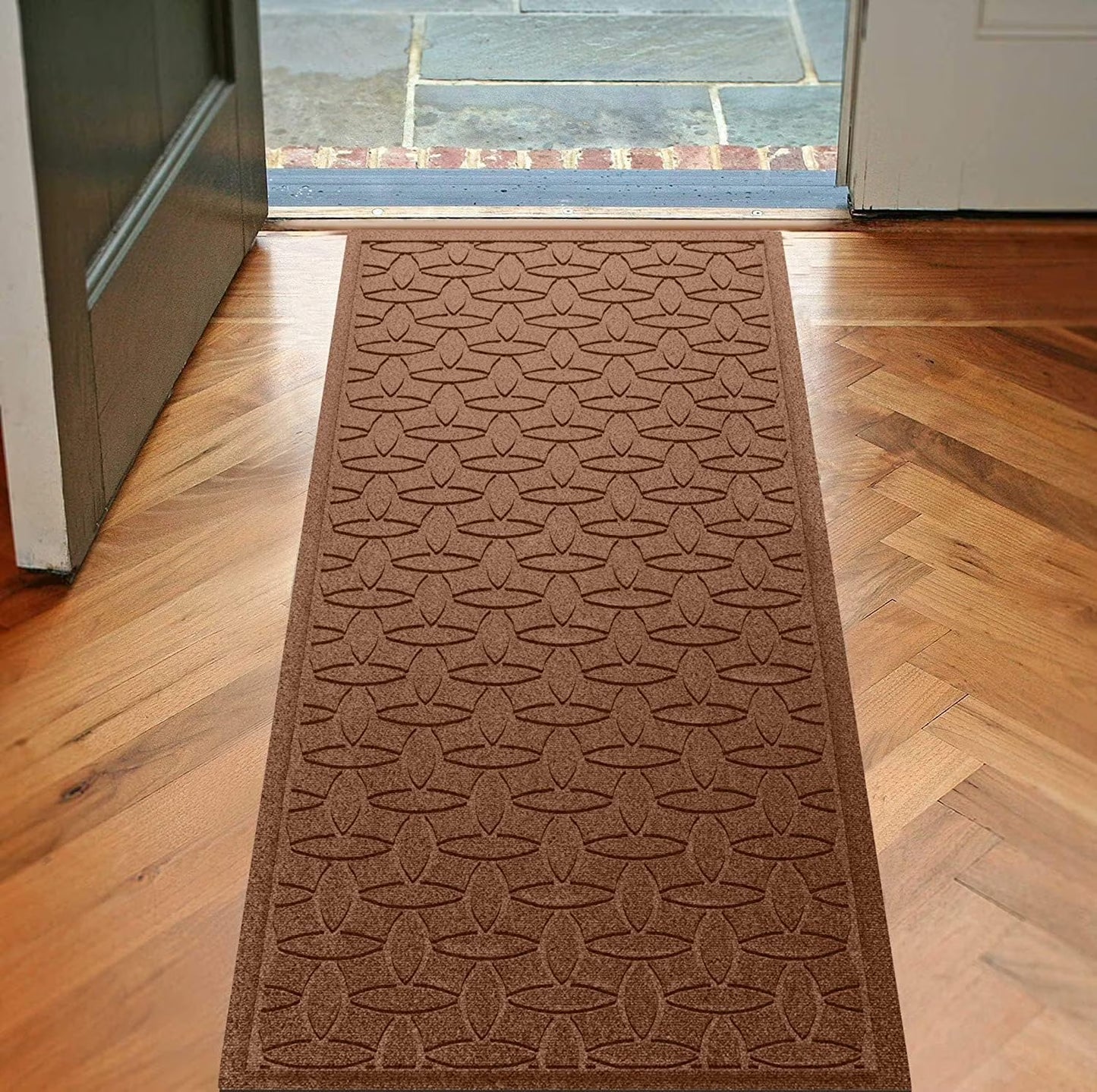 Bungalow Flooring Waterhog Runner Door Mat, 2' x 5' Made in USA, Durable and Decorative Floor Covering, Skid Resistant, Indoor/Outdoor, Water-Trapping, Ellipse Collection, Dark Brown