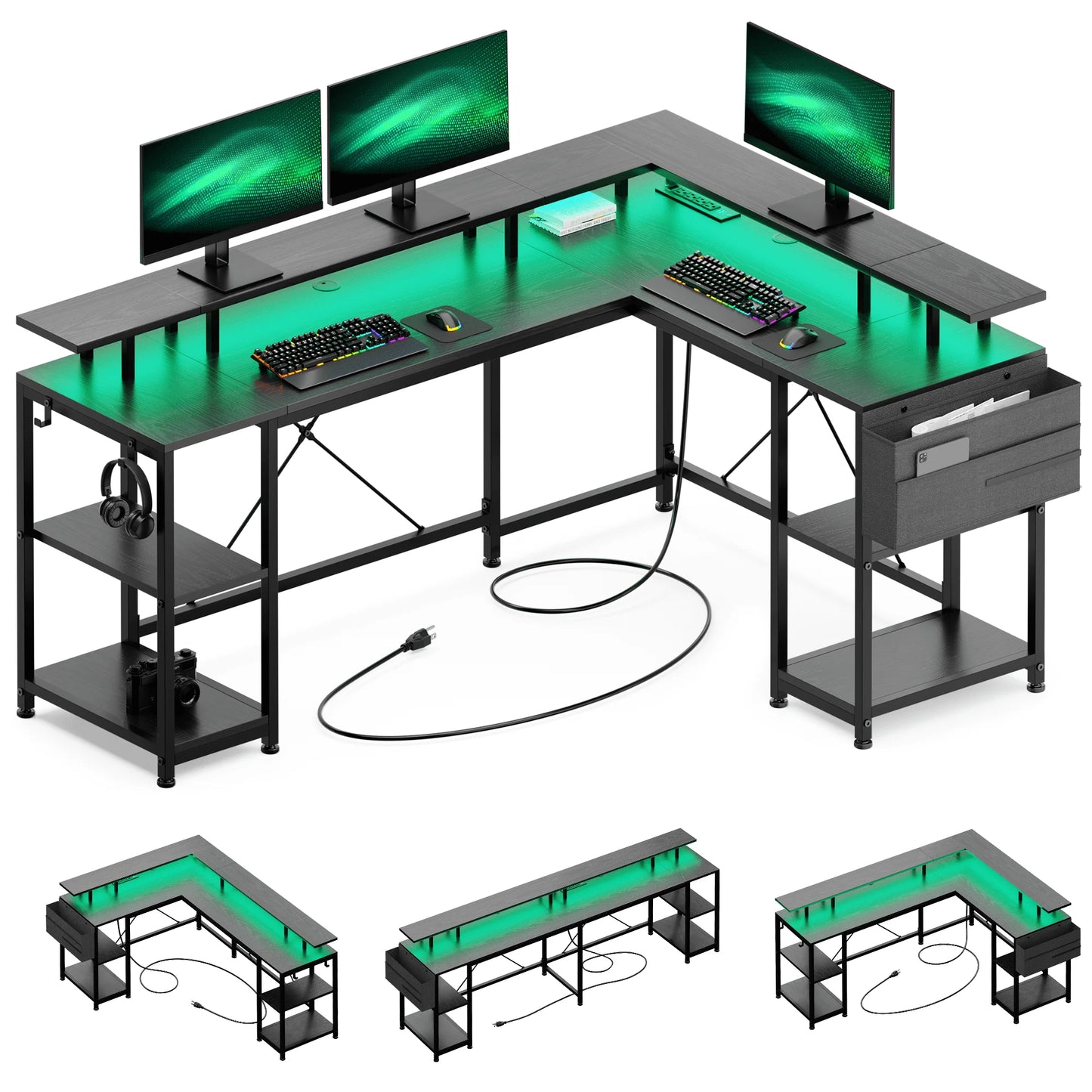 Lulive 95” L-Shaped Computer Desk with LED Light Gaming Desk with Power Outlet, Home Office Desk with Monitor Stand, Storage Shelf and Storage Bag Corner Desk, Black