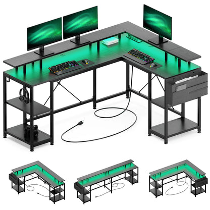 Lulive 95” L-Shaped Computer Desk with LED Light Gaming Desk with Power Outlet, Home Office Desk with Monitor Stand, Storage Shelf and Storage Bag Corner Desk, Black