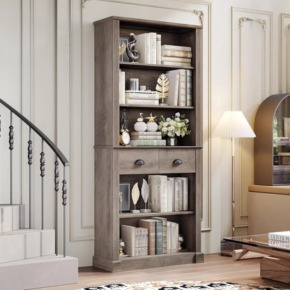 72" Farmhouse Bookshelf and Bookcase with Storage, Tall Bookshelf with Drawers, 5 Tier Book Shelf with Storage, Wood Display Shelves for Home Office, Study, Wash Gray