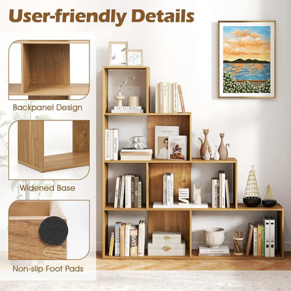JTYUB 4-Tier Stepped Bookshelf, Freestanding 6 Cubes Ladder Bookcase with Anti-Tipping Kits, 64" Tall Modern Wooden Storage Display Rack for Home Office Living Room Study ,1 PCS,Natural