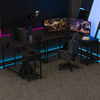 L Shaped Computer Desk with Storage Shelves, Hook and Monitor Stand, Modern Reversible Corner Gaming Table Sturdy Writing Workstation Space Saving for Home Office, Black