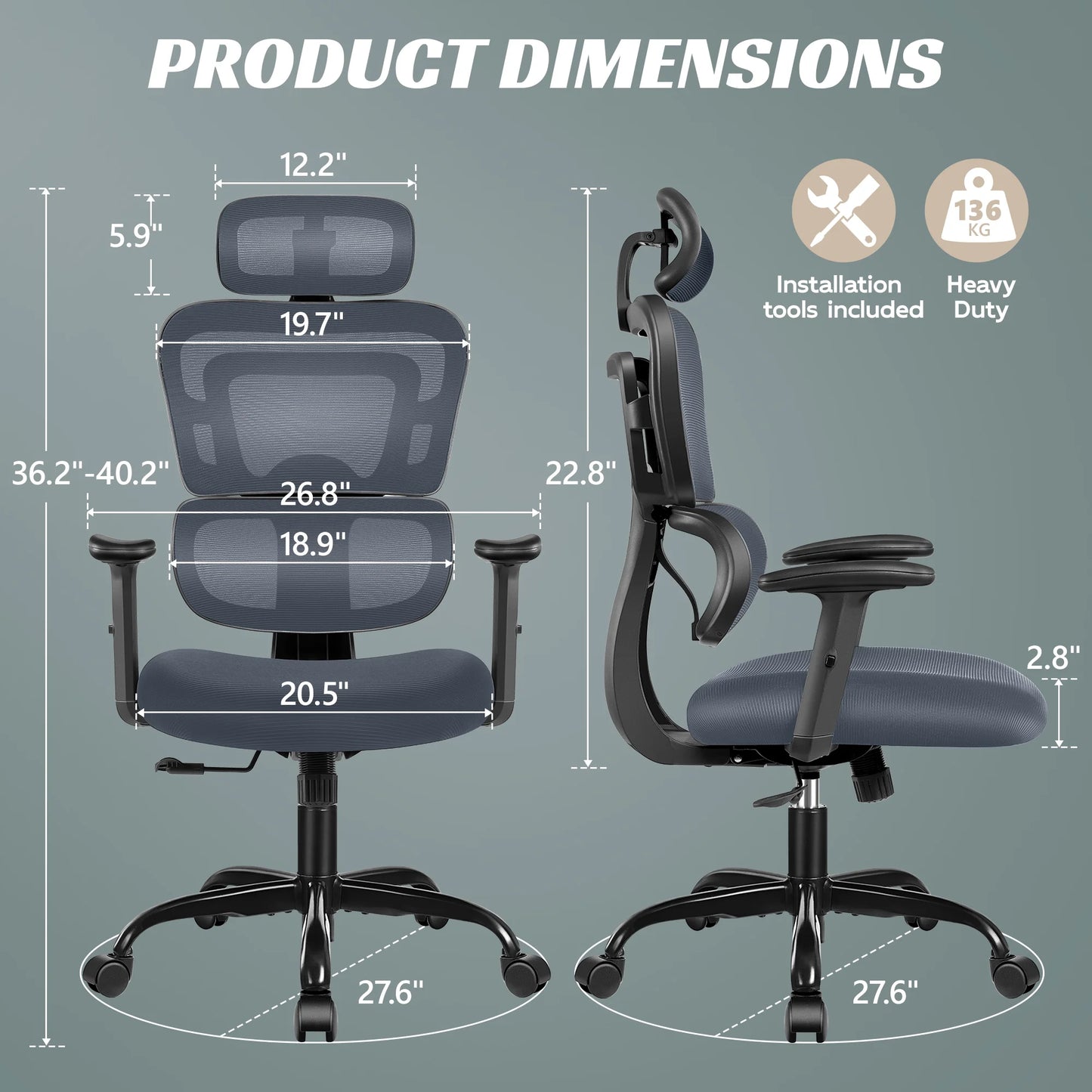 COOLHUT Ergonomic Office Chair Desk Chair High Back Computer Chair with Lumbar Support, High-Sponge Cushion Home Office Chair, 300lbs, Dark Gray