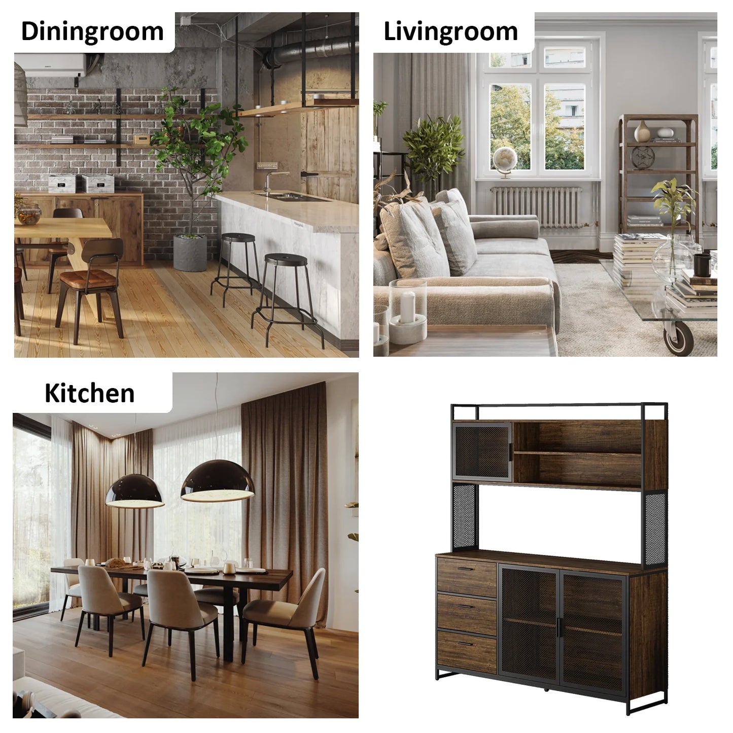 WIAWG Garage Cabinet with 3 Drawers and Metal Mesh Door, Industrial Mutifunctional Tool Storage Cabinet for Warehouse, Basement, Home Office (Walnut)