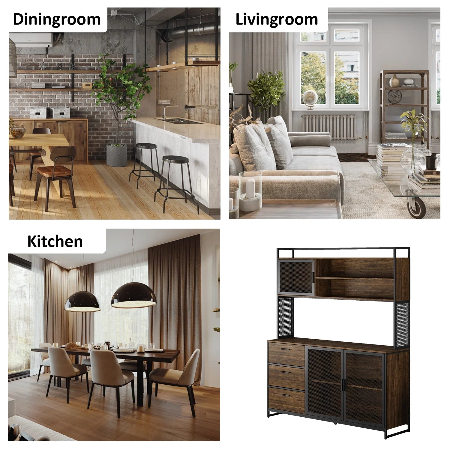WIAWG Garage Cabinet with 3 Drawers and Metal Mesh Door, Industrial Mutifunctional Tool Storage Cabinet for Warehouse, Basement, Home Office (Walnut)
