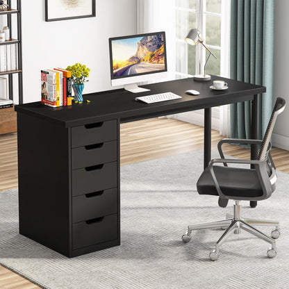 Finmind Computer Desk with 5 Drawers, 47 inches Rustic Brown Home Office Desk with Storage, Modern Study Writing Table Workstation for Small Spaces, Brown & White
