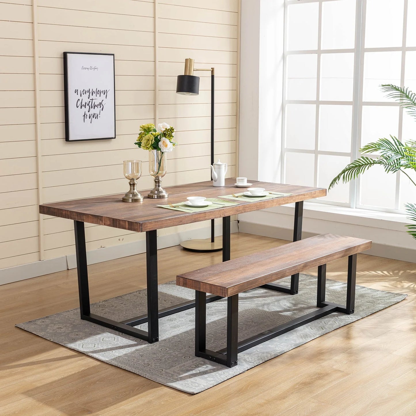 Yaoping 72" Rustic Farmhouse Solid Wood Dining Table with Metal Frame, Rectangular Kitchen and Dining Table for Home Office Furniture(Brown-72 in Dining Table)