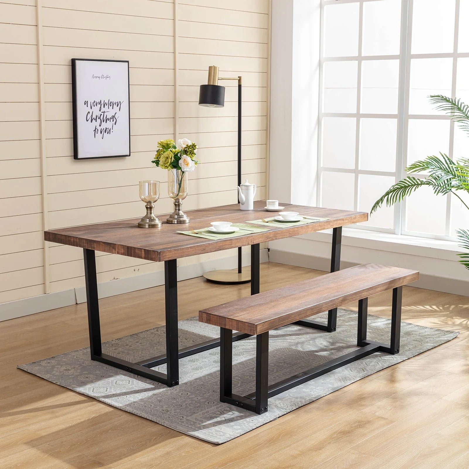 Yaoping 72" Rustic Farmhouse Solid Wood Dining Table with Metal Frame, Rectangular Kitchen and Dining Table for Home Office Furniture(Brown-72 in Dining Table)
