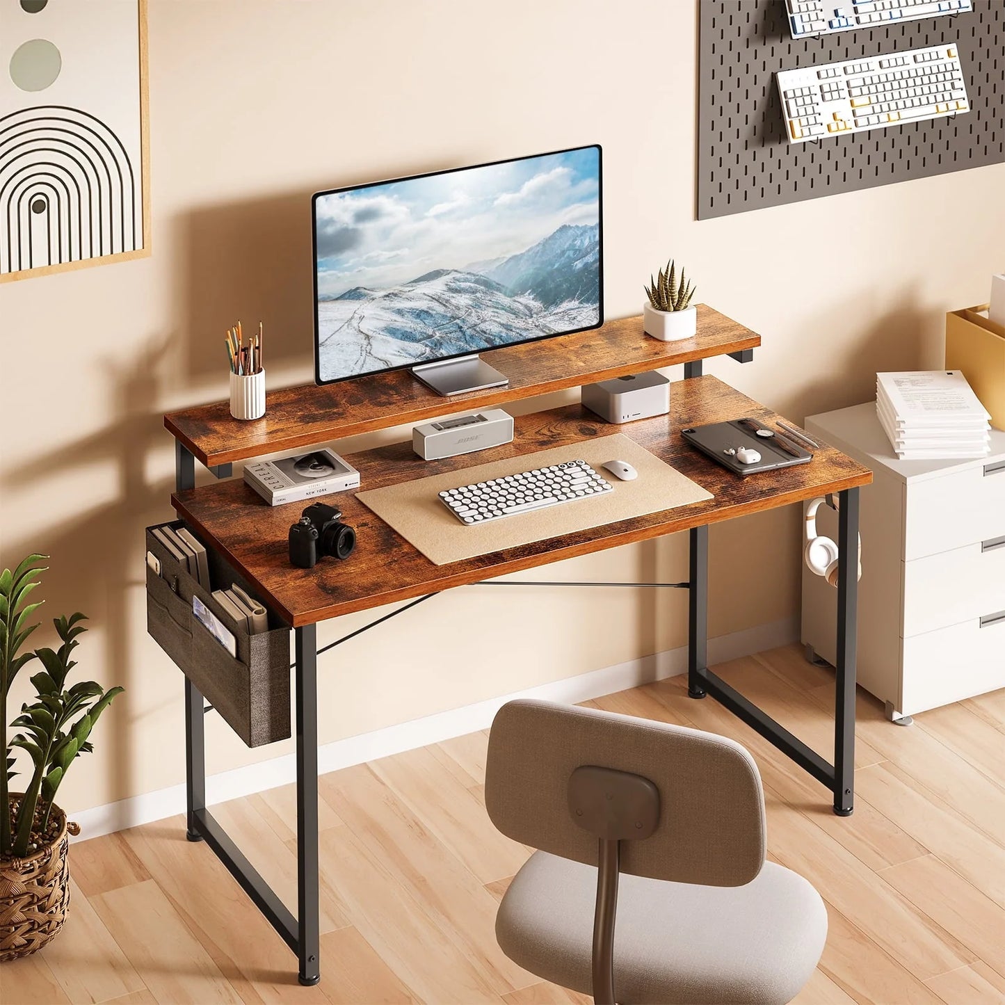 Computer Desk with Adjustable Monitor Stand(3.9”, 5.1”, 6.3”), 48 inch Home Office Desk with Storage Bag, Simple Modern Style Laptop Desk for Small Space, Vintage