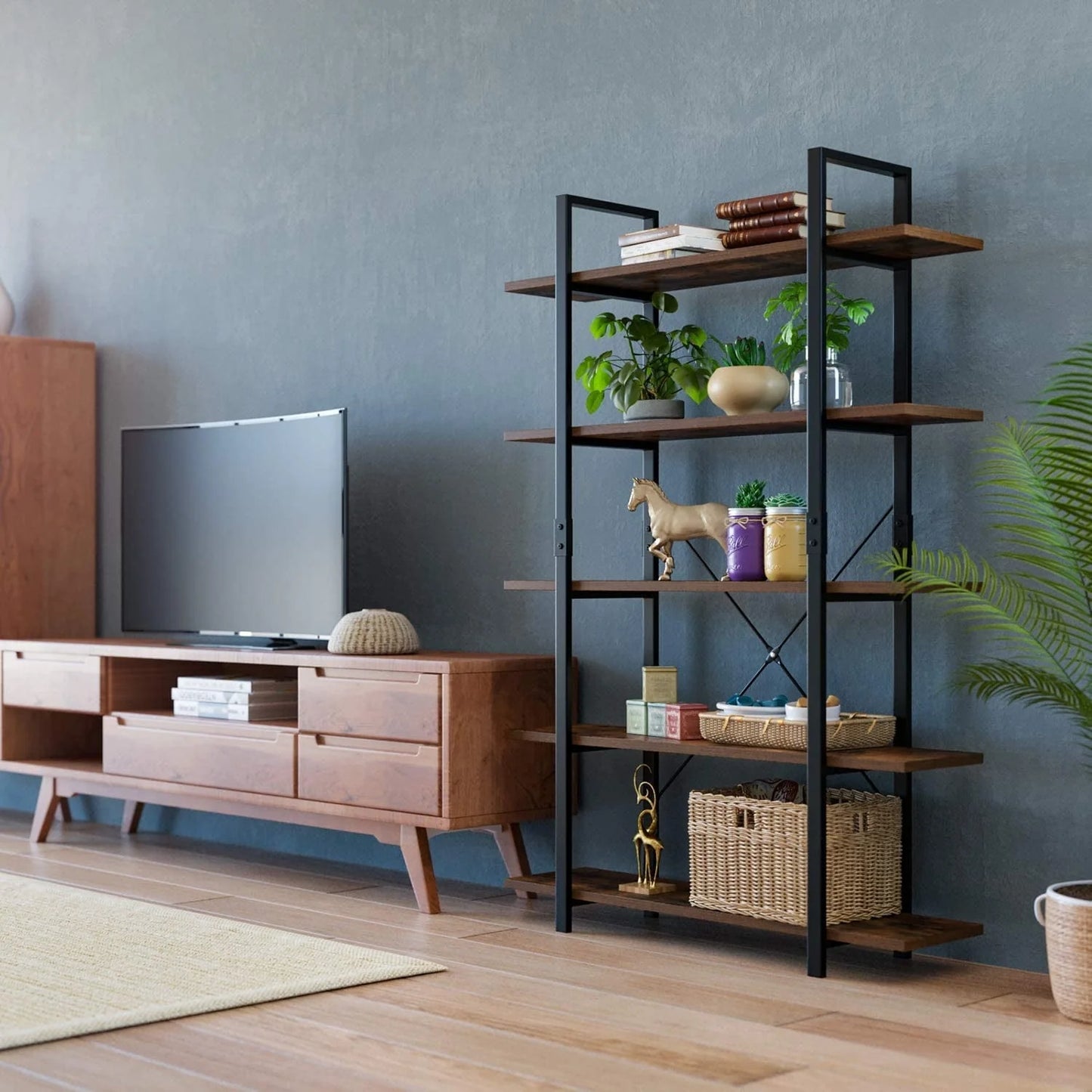 Homfa Industrial 5 Tier Storage Bookshelf , Wood Bookcase Shelf Unit with Metal Frame for Home Office Living Room, Rustic Brown