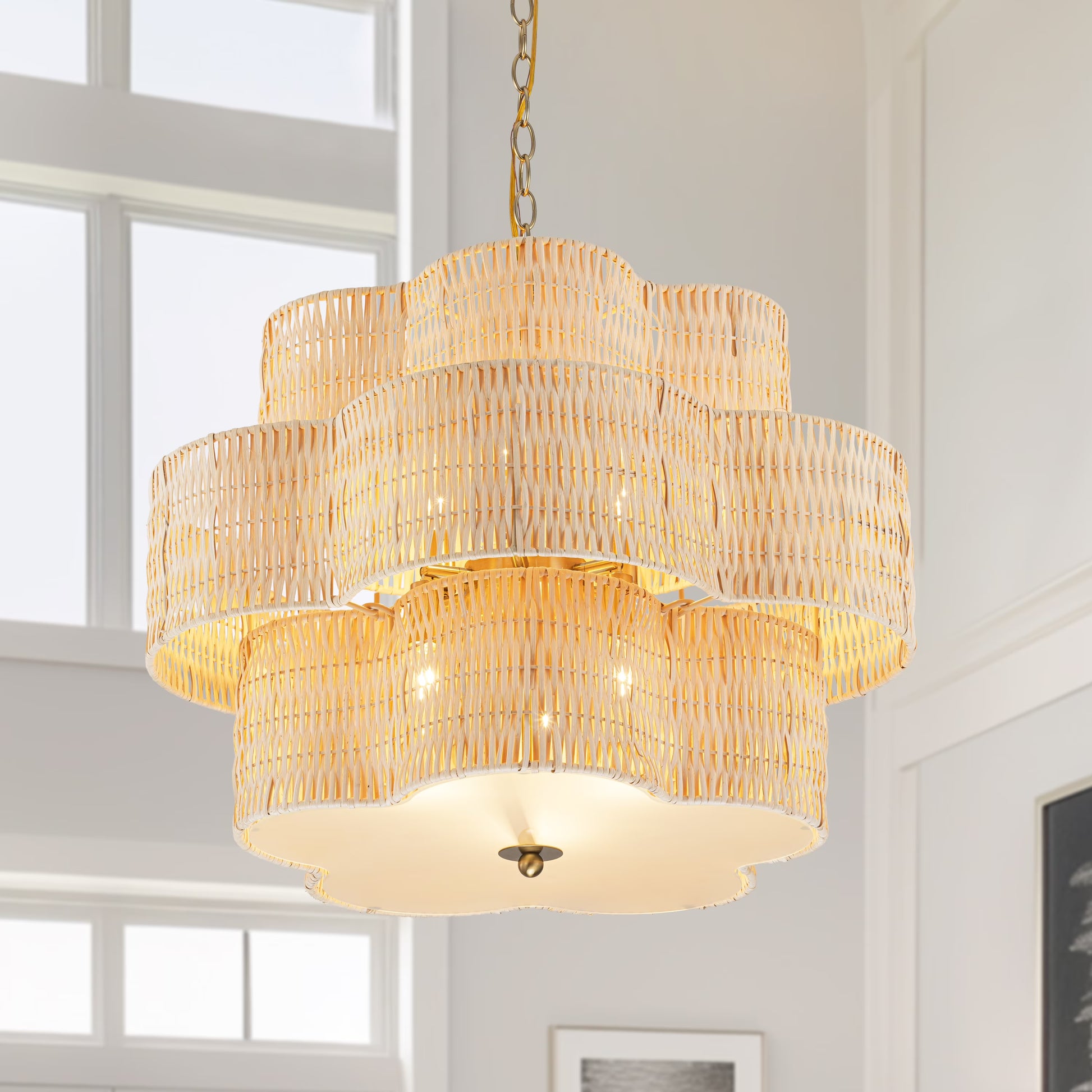 C Cattleya 20" 5-Light Natural Rattan Chandelier with 2-Tier Hand Woven Flower-Shaped Shade