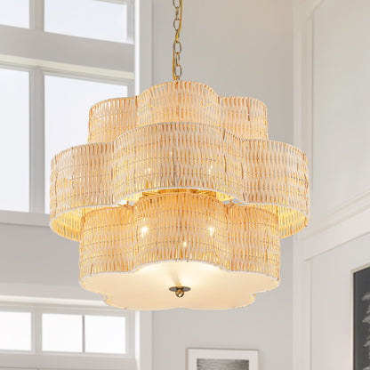 C Cattleya 20" 5-Light Natural Rattan Chandelier with 2-Tier Hand Woven Flower-Shaped Shade