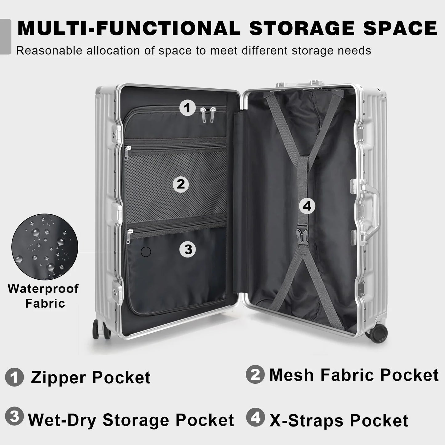 Luggage Aluminium Frame PC ABS Hardshell Suitcase with Spinner Wheels TSA Lock Zipperless Luggage 28 inch Silver