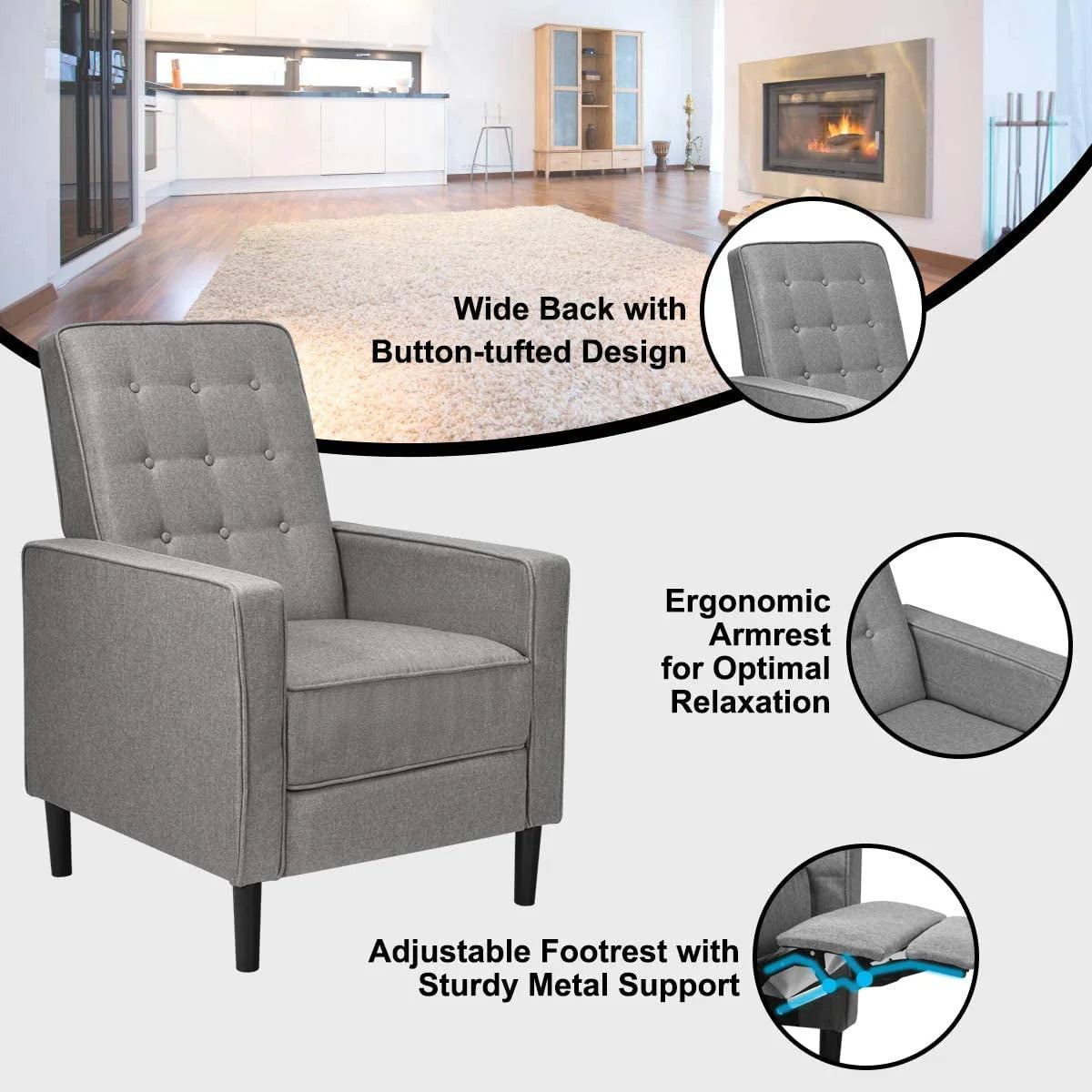 Giantex Push Back Recliner Chair, Fabric Accent Arm Chair with Ottoman Modern Recliner Sofa for Living Room Bedroom Home Office Club Chair (1 Pcs, Grey)