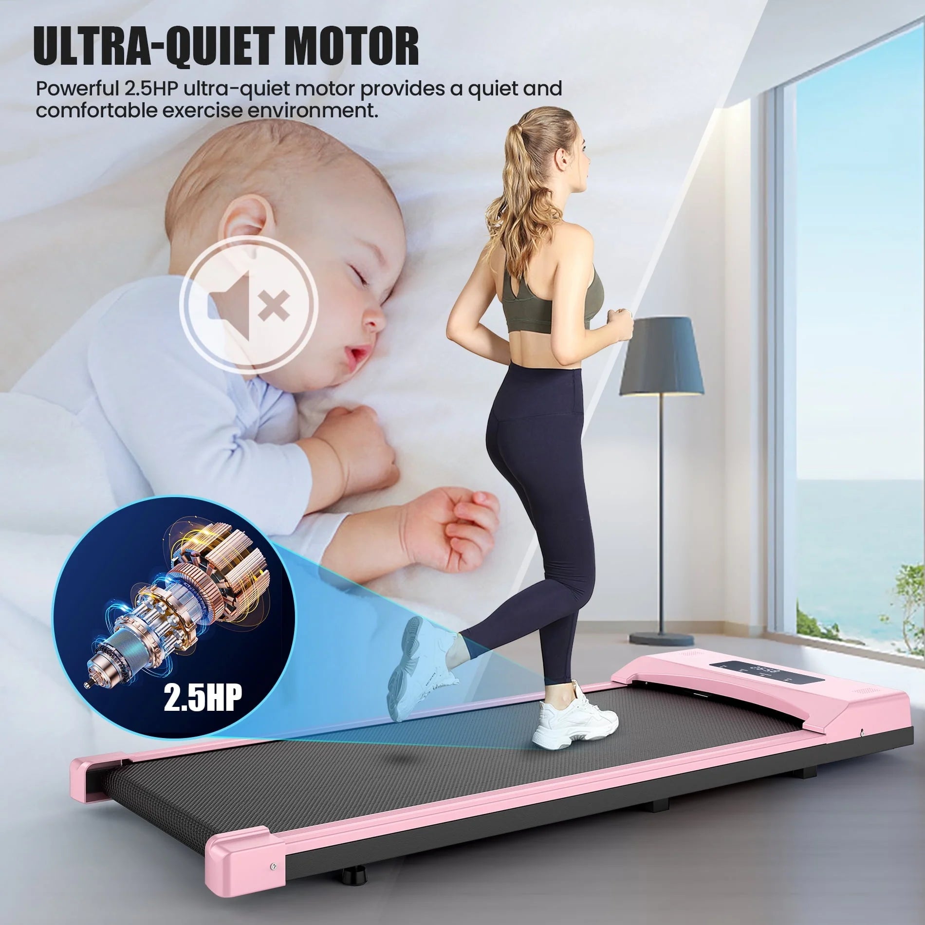 Tikmboex 2.5HP Under Desk Treadmill with LED Display Wireless Remote Control38.5" x 15" Quiet & Compact Walking Pad for Home Office, Pink