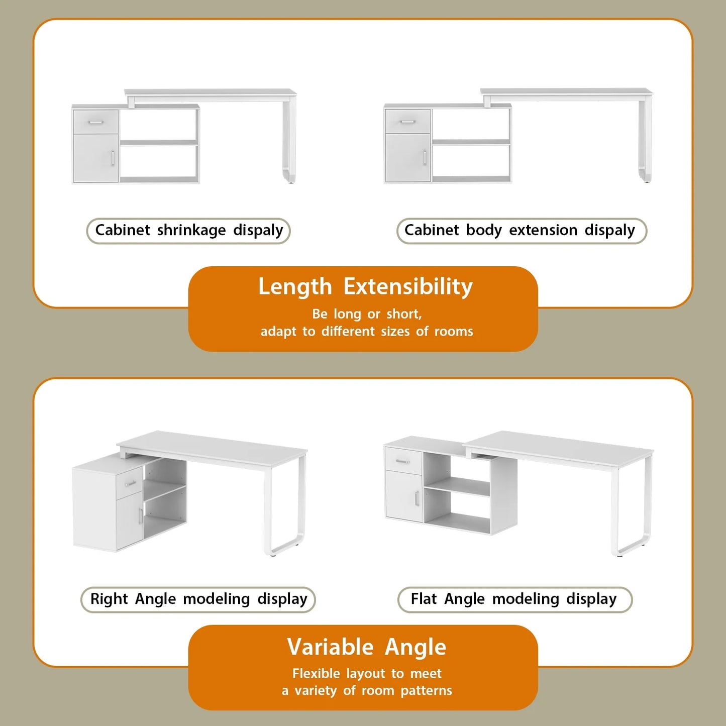 OXYLIFE 55 Inch Reversible Home Office Desk, Wood L-Shaped Corner Desk, Writing Workstation with Drawer, Shelves and File Cabinet, White
