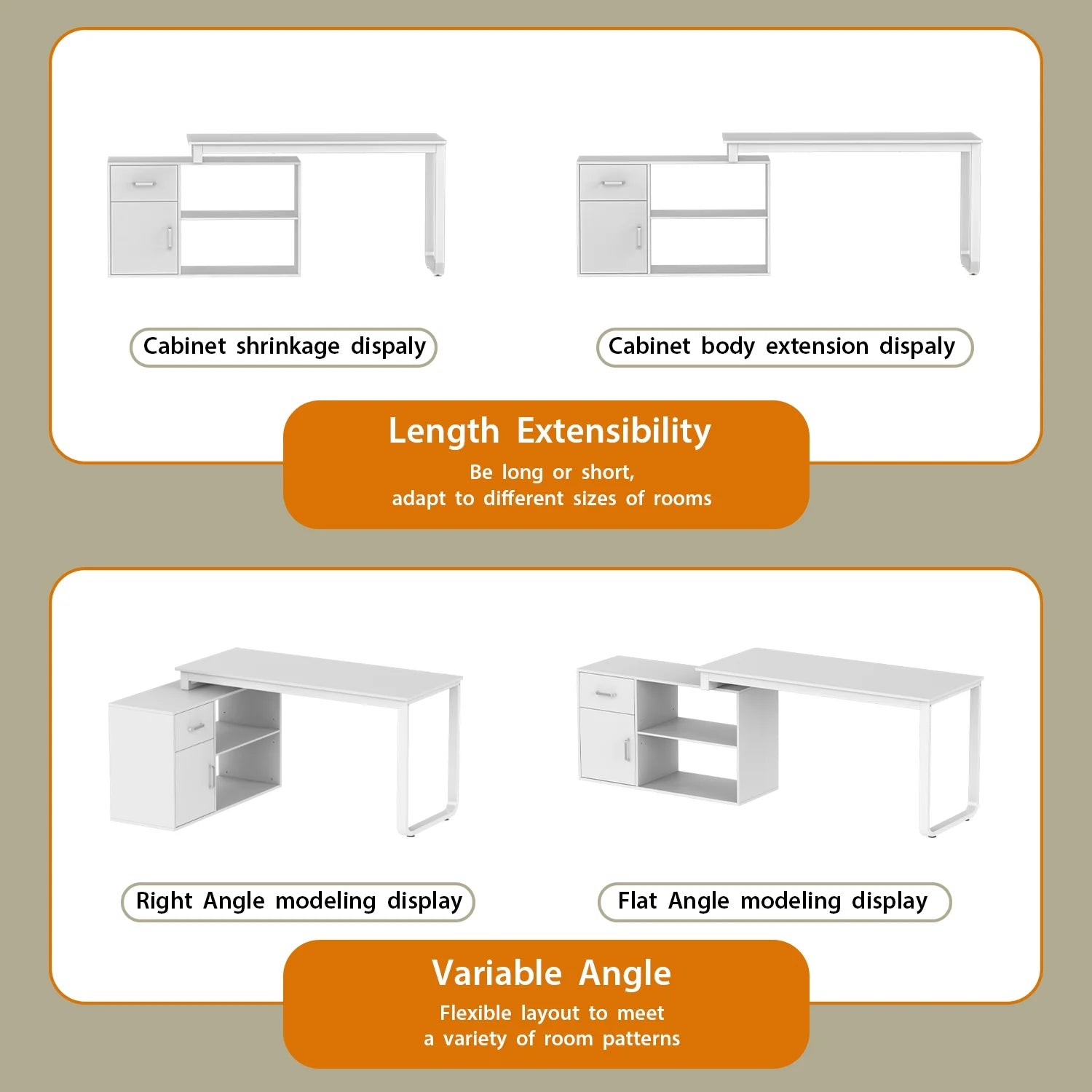 OXYLIFE 55 Inch Reversible Home Office Desk, Wood L-Shaped Corner Desk, Writing Workstation with Drawer, Shelves and File Cabinet, White