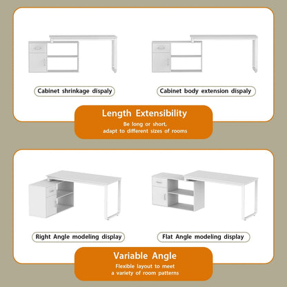 OXYLIFE 55 Inch Reversible Home Office Desk, Wood L-Shaped Corner Desk, Writing Workstation with Drawer, Shelves and File Cabinet, White