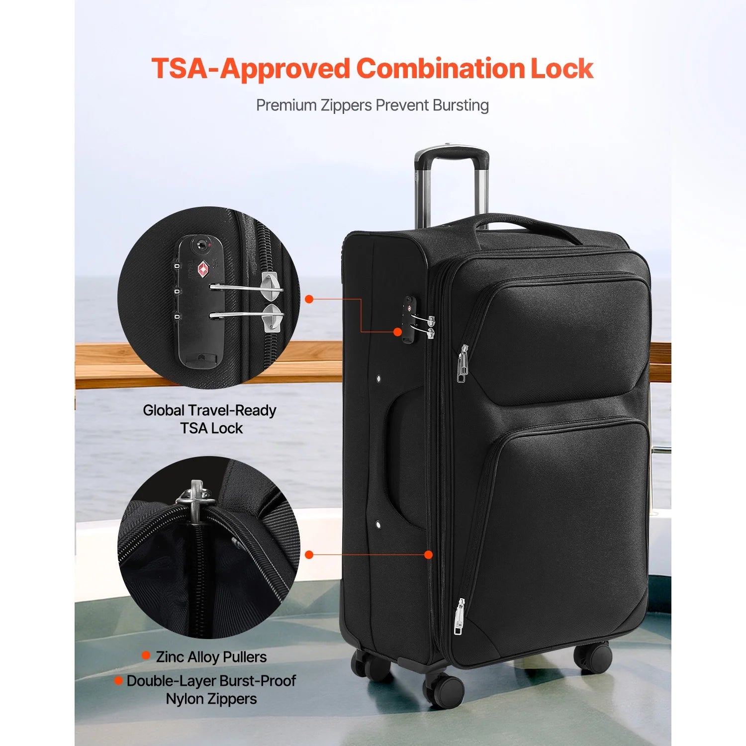 KFFKFF Expandable 28-Inch Softside Luggage with Spinner Wheels, Lightweight Checked Suitcase Featuring TSA Lock and Extra Zippered Pocket, Black