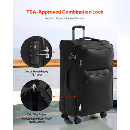 KFFKFF Expandable 28-Inch Softside Luggage with Spinner Wheels, Lightweight Checked Suitcase Featuring TSA Lock and Extra Zippered Pocket, Black