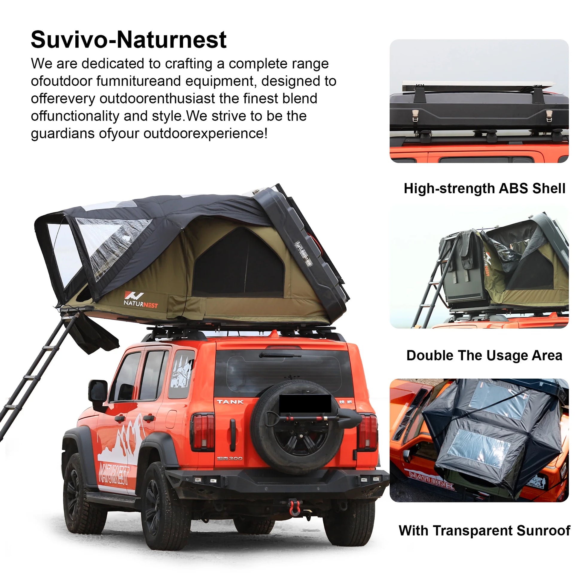 Naturnest Rooftop Tent HardShell with Luggage Rack,Camping Tent for Van Suv Truck Car Vehicle Outdoor, 2-3 Person